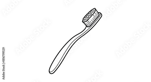 A black-and-white drawing depicts a toothbrush, an oral hygiene tool with bristles for cleaning teeth and maintaining dental health.