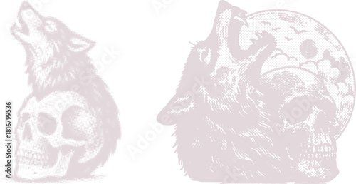 Wolf Howling on Skull Halftone Art Print Engraving Style Moon Tattoo Design Gothic Illustration