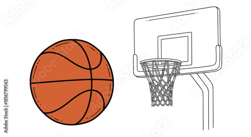 Illustration of a basketball next to a basketball hoop, perfect for sports-themed designs and school projects.
