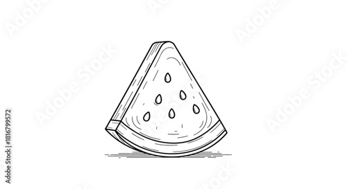 A graphic, monochromatic illustration of a slice of watermelon with seeds, capturing a simple and refreshing summertime treat in a minimalist style.