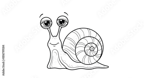 Cute snail cartoon with big eyes and a patterned shell is perfect for coloring books or educational materials for kids.