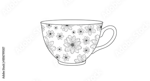 Floral teacup illustration features a delicate flower pattern, offering a charming and whimsical touch to any design project.