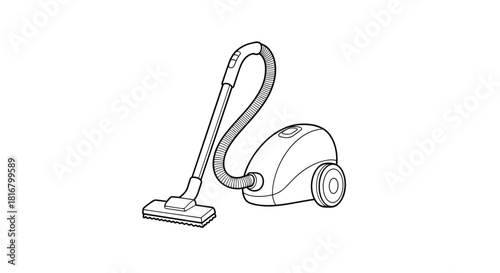 A black and white drawing of a canister vacuum cleaner with hose, wand, and floor brush used for cleaning the house.