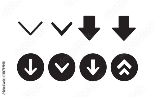 Minimalist black downward arrow icon collection