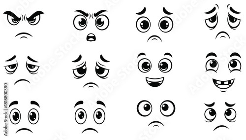 Cartoon face expressions set black and white emotions