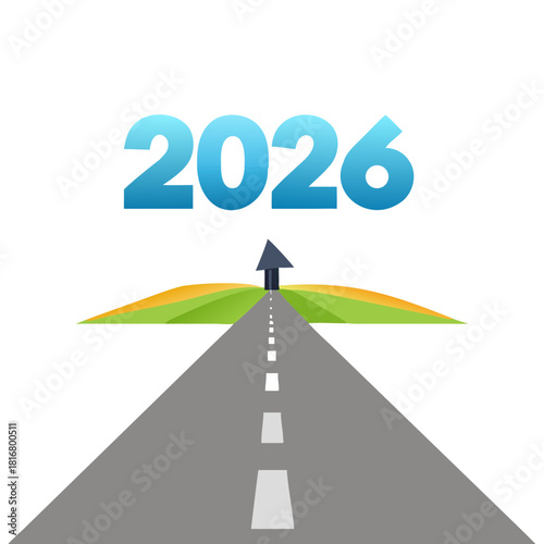 Road to 2026 with an empty road with written 2026 and arrow pointing towards the horizon to represent the future and positivity and success of the new ... See More