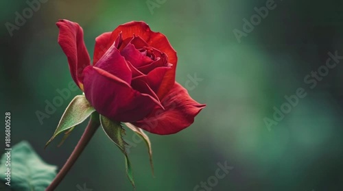 Closeup of a vibrant red rose in full bloom with a soft green background