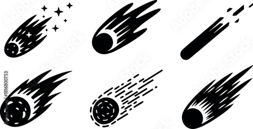 Collection of black meteor vector illustrations in flat style with shooting stars and comet shapes