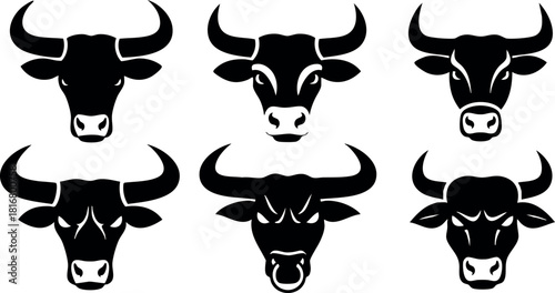Bull head silhouettes set with various horn shapes and facial expressions vector illustration