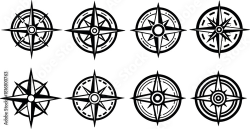 Set of eight black compass rose vector icons in simple line style navigation symbols design