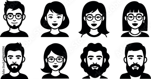Diverse male female avatar icons with glasses and beards simple black and white vector illustration