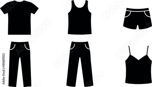 Black simple casual clothing set with t shirt tank top shorts pants and camisole vector illustration