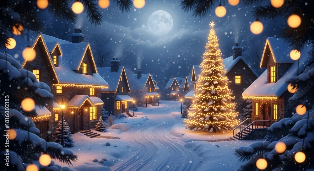 Fototapeta premium A magical winter night in a snowcovered village, featuring a brightly lit christmas tree and houses adorned with festive lights, under a full moon and gentle snowfall