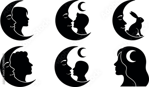 Black silhouette moon woman face rabbit child profile vector illustration simple design night scene