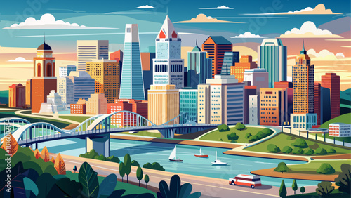 Very beautiful semi-realistic aerial vector view of Cincinnati, Ohio, featuring the downtown skyline with modern skyscrapers, bridges spanning the Ohio River, and calm river reflections, rendered with