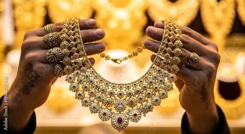 A Dubai gold merchant's hands presenting an elaborate, heavy gold necklace in the dazzling Deira Gold Souq. Symbolizes Middle Eastern luxury, wealth, and traditional commerce.