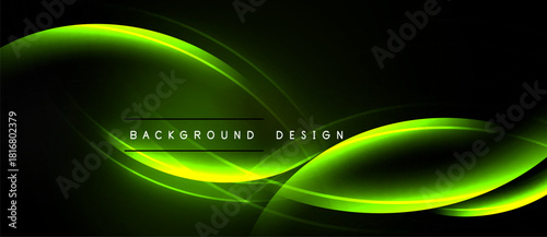 Abstract neon waves over dark backdrop. Smooth curves create dynamic visual effect. Modern design element for digital projects.