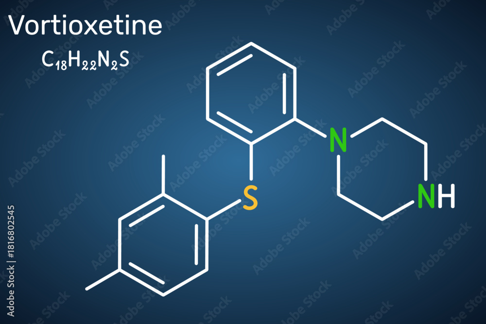Fototapeta premium Vortioxetine molecule. Antidepressant drug for treatment of major depressive disorder (MDD). Dark blue background. Chemical structure. Vector illustration