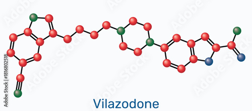 Vilazodone molecule, SERT inhibitor and 5-HT1A receptor partial agonist, antidepressant drug. Molecular model. Vector illustration