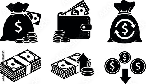 Money bag and wallet with cash coins and financial growth and decline icons vector illustration