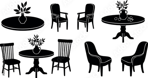 Dining chairs and tables with flower vases interior furniture silhouette simple design vector illustration