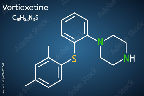 Vortioxetine molecule. Antidepressant drug for treatment of major depressive disorder (MDD). Dark blue background. Chemical structure. Vector illustration