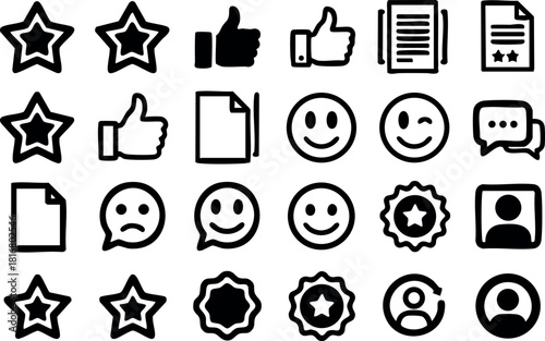 User interface icons set including stars thumbs up documents smiley faces and user profiles in black vector illustration