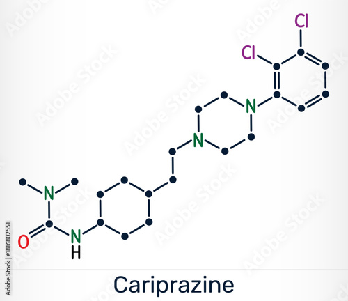 Cariprazine molecule. Atypical antipsychotic medication used to treat schizophrenia and bipolar disorder. Chemical structure. Vector illustration
