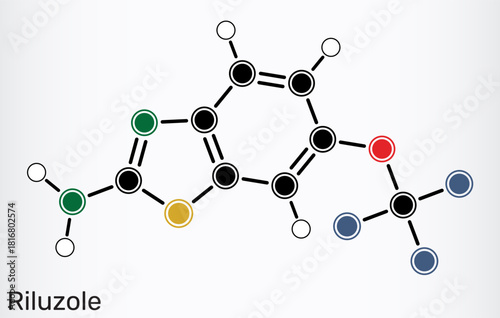 Riluzole benzothiazole neuroprotective drug molecule. Skeletal chemical formula. Vector illustration