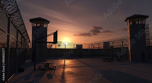 A rendered image of a prison yard at sunset, showcasing guard towers, a basketball court, and barbed-wire fencing