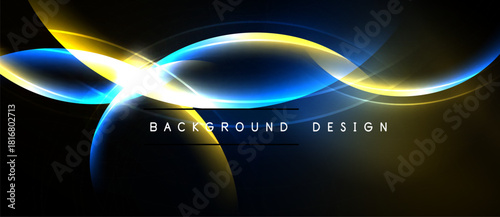 Abstract design features flowing lines, bright colors, light effects. Dark background enhances vibrant blue, gold hues. Modern, dynamic composition.