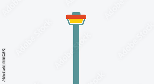 A minimalist flat design illustration of a stylized street lamp with a teal pole and a red and yellow lamp head against a light gray background