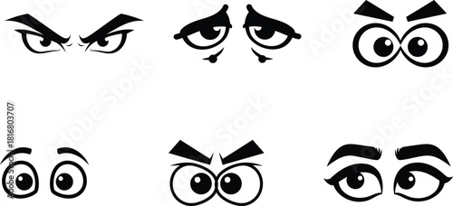Collection of stylized eyes displaying a range of emotions from anger to sadness to neutrality in a versatile and expressive design concept suitable for various creative projects