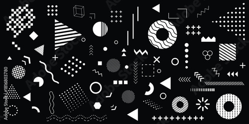 abstract geometric shapes vector set vintage 80s 90s monochrome Memphis graphic elements collection for background design, modern universal geometric icons with lines, circles, squares, 