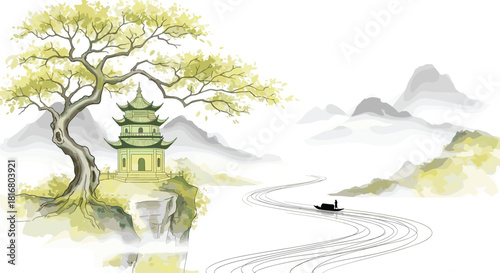 East Asian landscape, pagoda on cliff, ancient tree, misty valley, winding river, boat travel, green roof, yellow wall, stylized nature