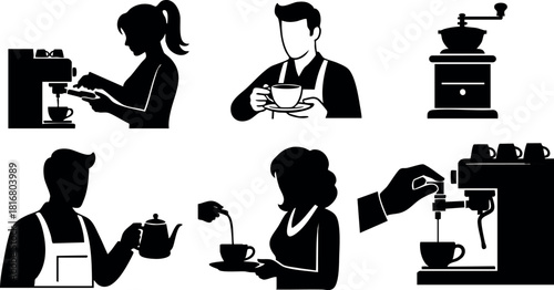 Coffee making process barista woman man preparing hot drink with machine and grinder vector illustration