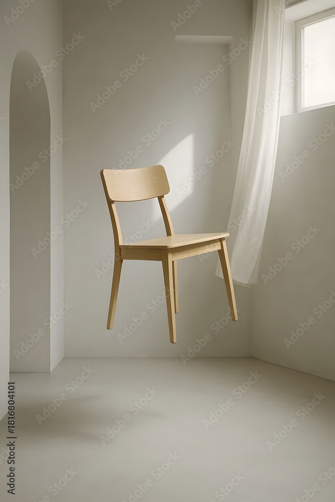 Fototapeta premium Wooden Chair Floating in a Minimalist White Room