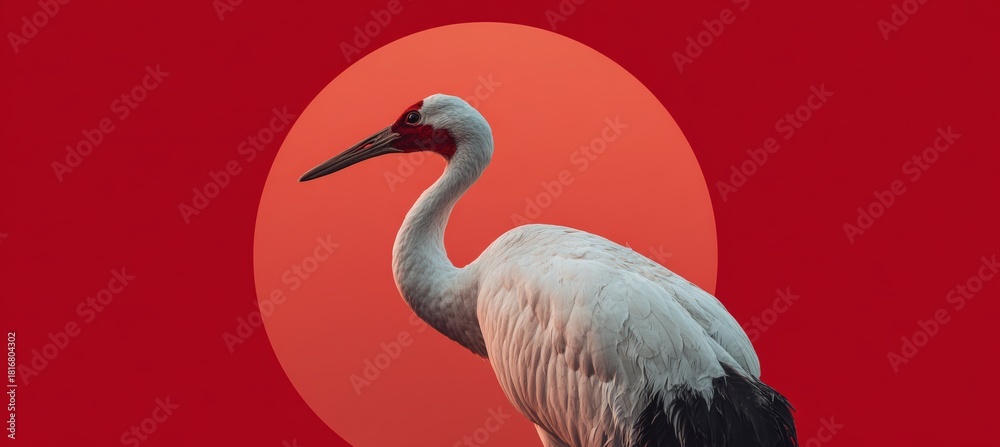 Naklejka premium Stoic White Crane Against Japanese Flag with Minimalist Red Sun Backdrop