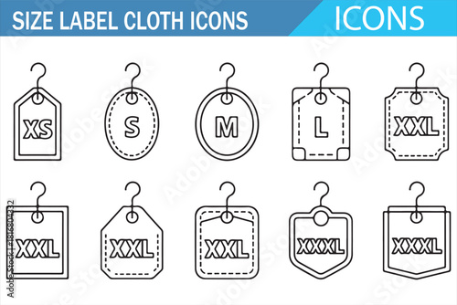 Thin-line icons of size badges for textile labeling and garment production