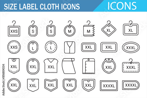 Clothing identity and measurement label icon set for fashion catalogs