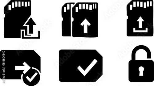 Memory card upload icons set vector black simple design technology symbols secure data transfer illustration