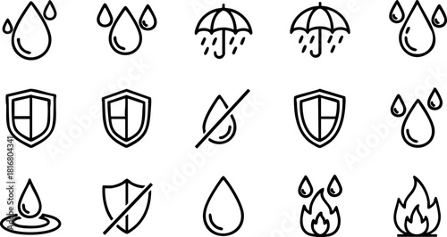 Water drop shield fire umbrella protection rain black line icons set vector illustration