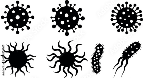Virus bacteria microbe icons set simple black silhouette style vector illustration for science and health design
