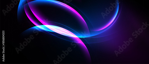 Abstract glowing shapes, vibrant blue, purple hues dominate dark background. Smooth curves create dynamic visual impact.