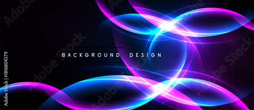 Abstract neon lines create dynamic curves. Bright pinks, blues glow against dark background. Modern design element for digital projects.