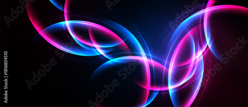 Abstract swirls, vibrant pinks, blues glow against dark background. Dynamic energy radiates from flowing lines, creating modern visual.