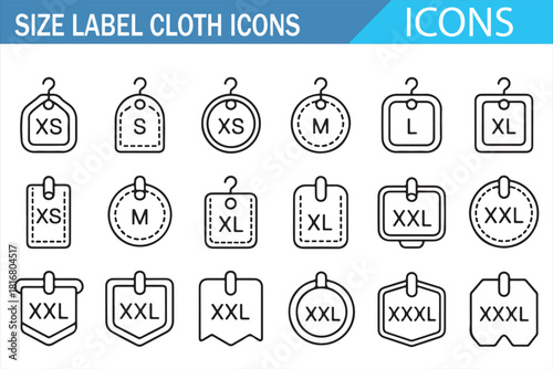 Apparel size tag icons featuring stitched labels and garment identifiers