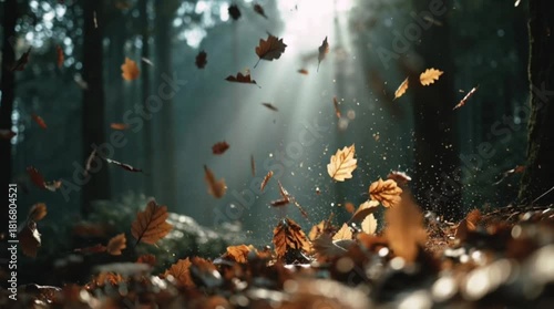 Autumn leaves falling in a forest with sun rays shining through trees