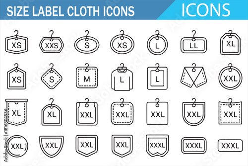 Clothing size label icon pack from XS to XXL in modern outline style