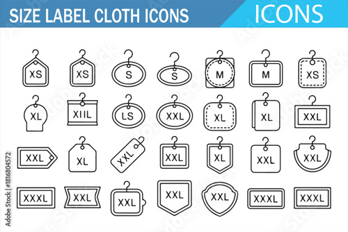 Clothing size label icon set featuring XS to XXL tags, stitched fabric labels, apparel size indicators, hang tags, and garment identification symbols in clean modern line style for fashion and clothin
